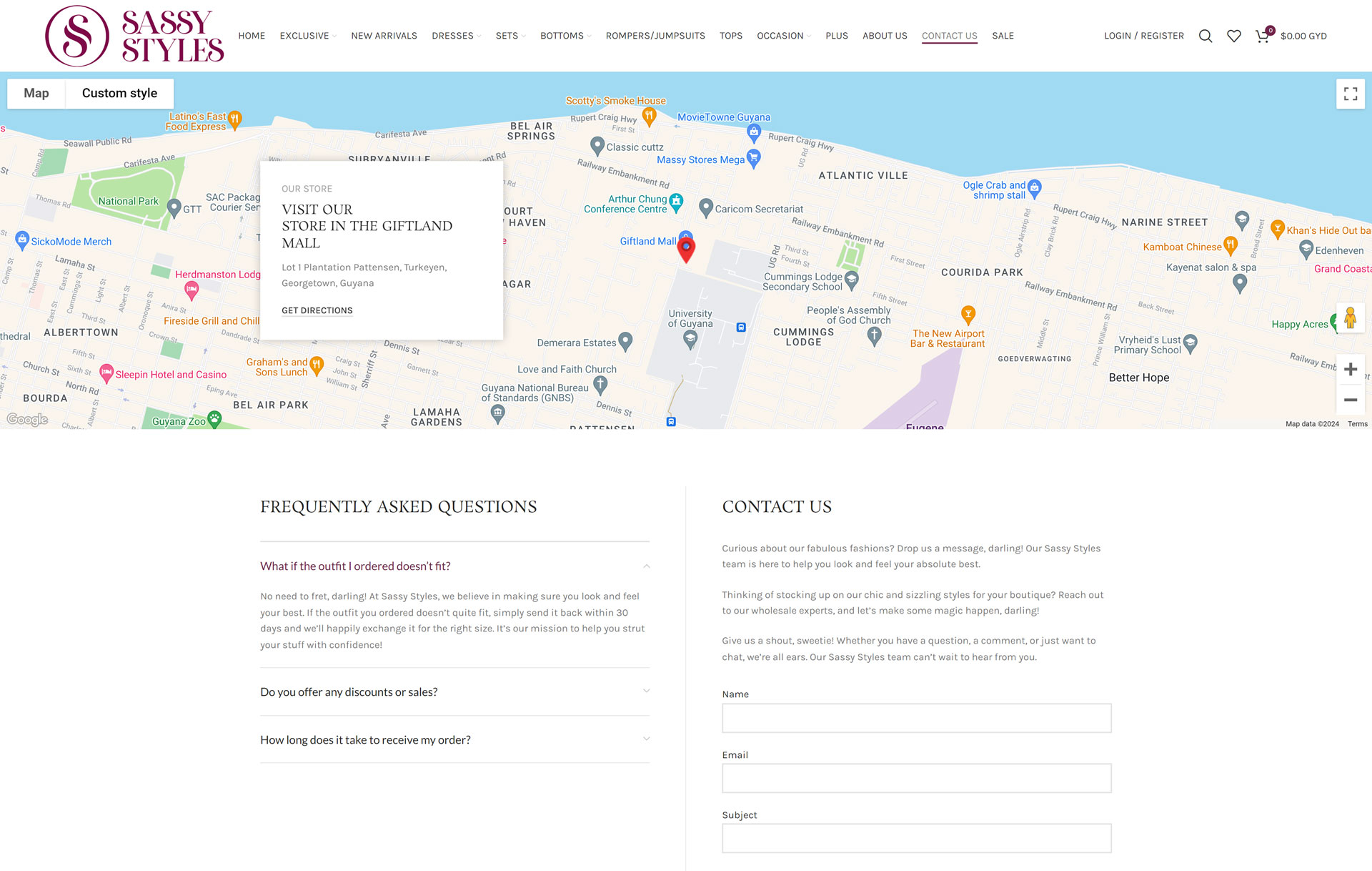 Sassy Styles website contact us page screenshot